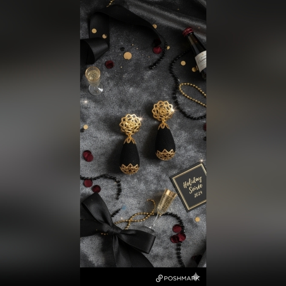 Vintage Gold Tone Black Felt Dangle Earrings